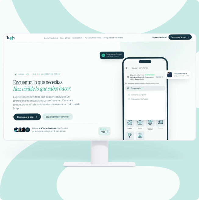 Lugh: la web de búsqueda de servicios en un monitor de escritorio y la app de reserva en el móvil